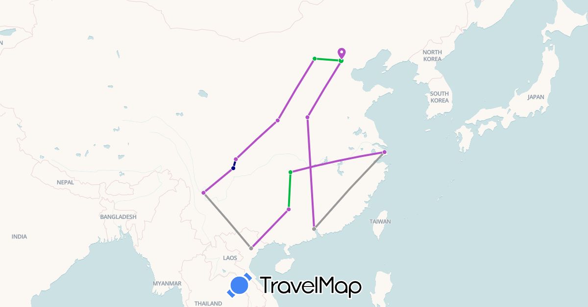 TravelMap itinerary: driving, bus, plane, train in China, Vietnam (Asia)